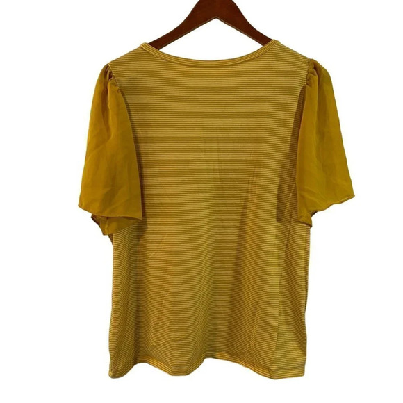 LOFT Yellow Striped Blouse Size XL Short Chiffon Sleeves Round Neckline Pullover - Picture 2 of 5